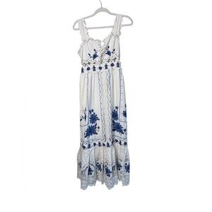 FARM Rio Richelieu Ivory and Blue Embroidered Dress- Sz Small, NWT